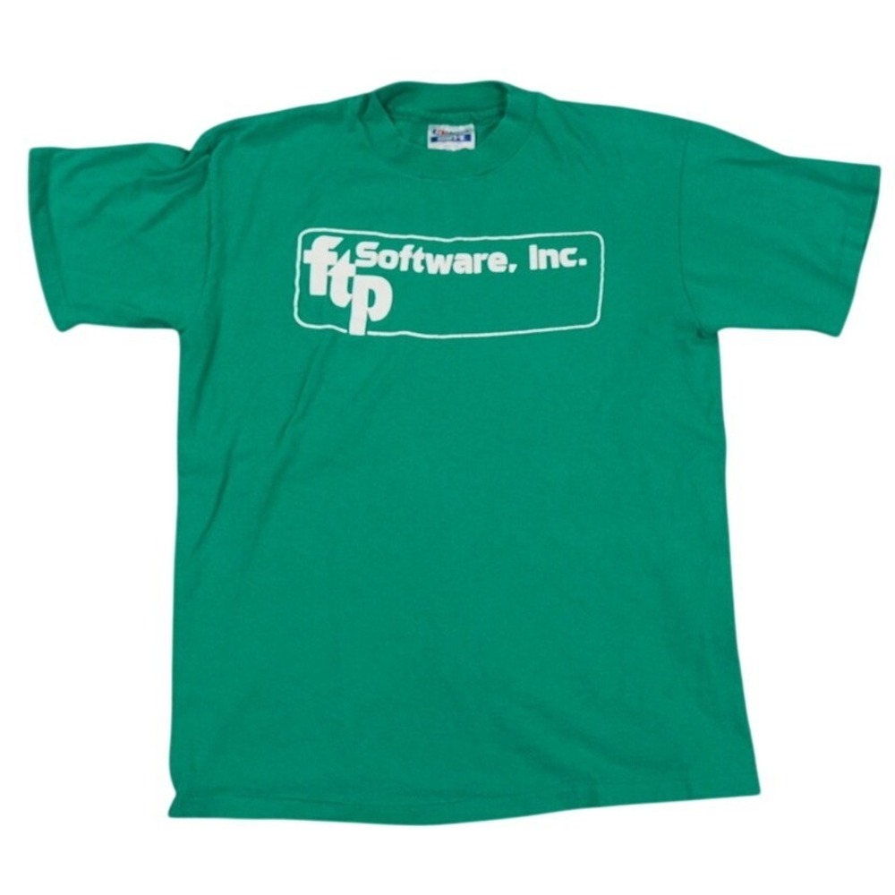 VTG FTP Software Hanes Shirt Mens Medium Green Single Stitch Tech RUN SMALL RARE
